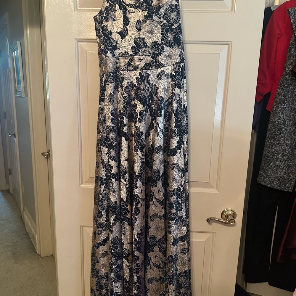 Betsy & Adam Navy and Silver Floral Gown